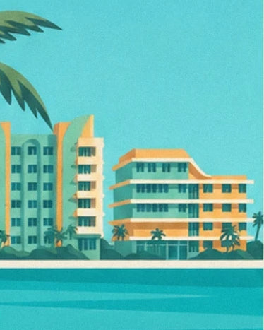 The palm-lined buildings of Miami Beach with turquoise and orange façades