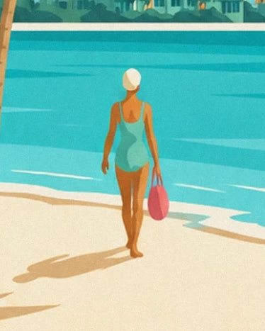 The bather seen from behind in a turquoise swimsuit and white swimming cap, holding her pink bag