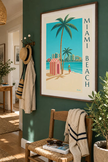 Poster van een gestreepte strandcabine in Miami Beach: ingelijst aan de muur