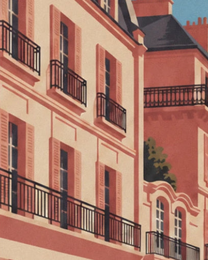 The cream and pink façades with matching shutters and black iron balconies in Paris
