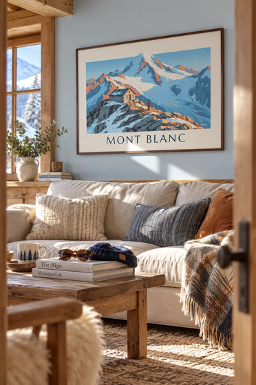 Poster berghut hoog in de bergen met uitzicht op de Mont Blanc: ingelijst aan de muur