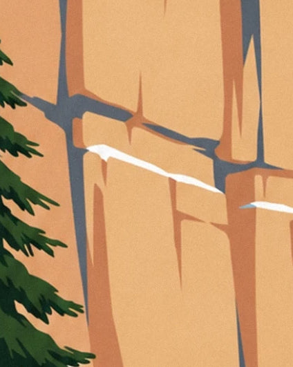 The ochre cliff streaked with dark cracks and snow, framed by fir branches