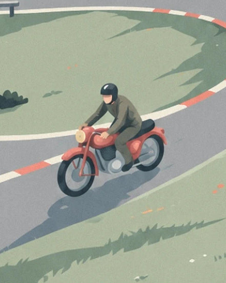 Le motard casqué en tenue verte sur sa moto rouge dans un virage du Stelvio