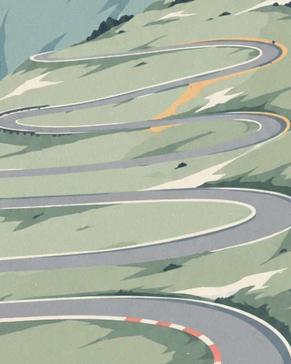Les virages en épingle de la route grise sur les pentes vertes du Stelvio