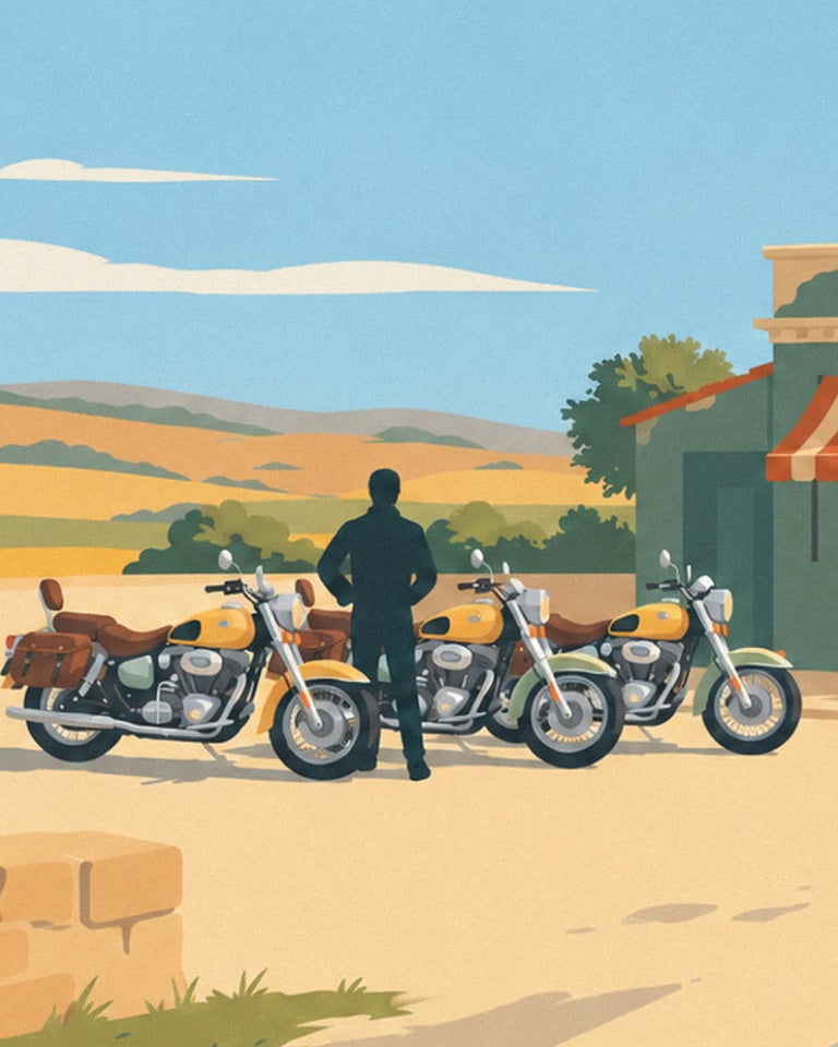 The 3 yellow and green motorbikes parked in the sunshine, with a motorcyclist in black seen from behind