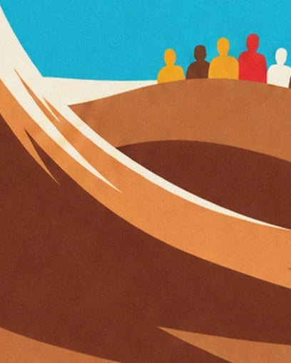 The ochre and brown curves of the motocross track in front of 5 colourful spectators