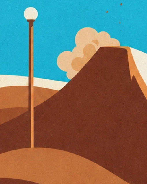 The brown mound on the track, near a lamp post and a cloud of dust