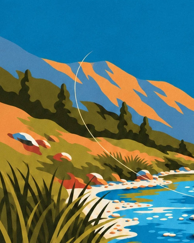 The fishing line in front of the orange mountains and riverside grasses