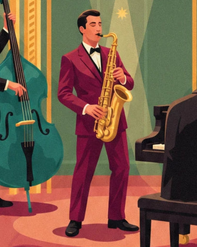 Der Saxophonist im bordeauxroten Anzug, zwischen dem grünen Kontrabass und dem schwarzen Klavier