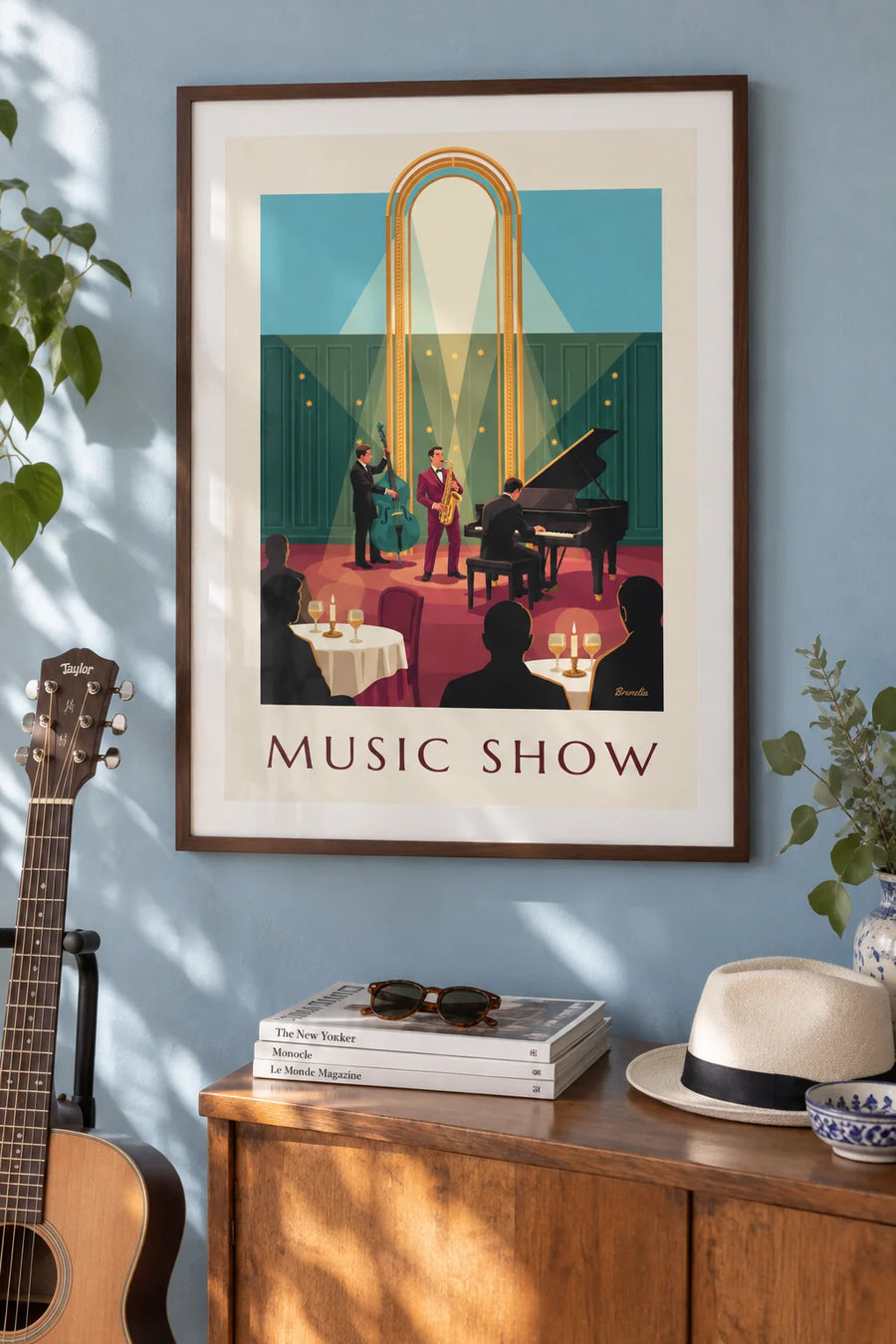 Poster Jazzclub, burgunderrotes Saxofon und goldener Bogen: gerahmt an der Wand