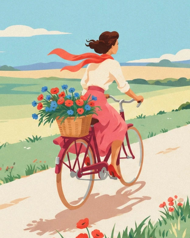 La cycliste en jupe rose et foulard rouge, son panier de fleurs à l’arrière du vélo