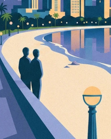 The curved promenade with 2 figures and a lamp post with a golden globe