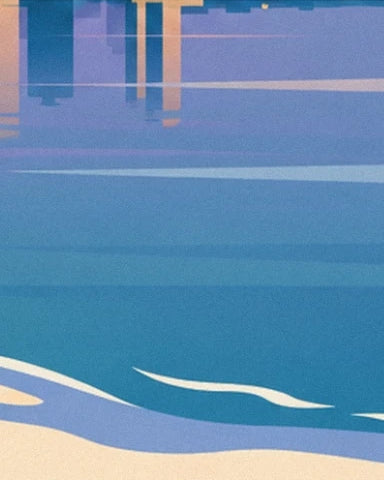 The blue and mauve reflections of the buildings above the ripples and pale sand