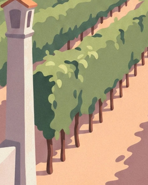 Un rang de vigne bien feuillu aux ombres rosées, et le pilier de pierre blanche au bord