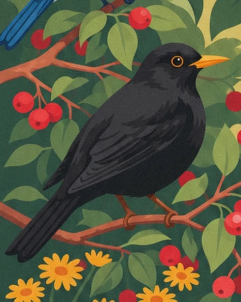 Un merle noir au bec orangé, perché au-dessus de fleurs jaunes parmi les baies rouges