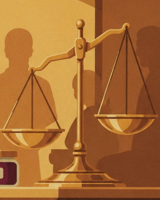 Une balance dorée aux plateaux suspendus, devant des silhouettes en ombre