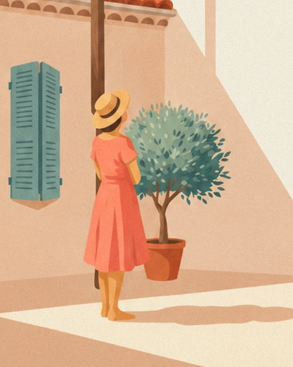 A woman in a coral dress and straw hat, seen from behind in front of a potted olive tree and teal shutters