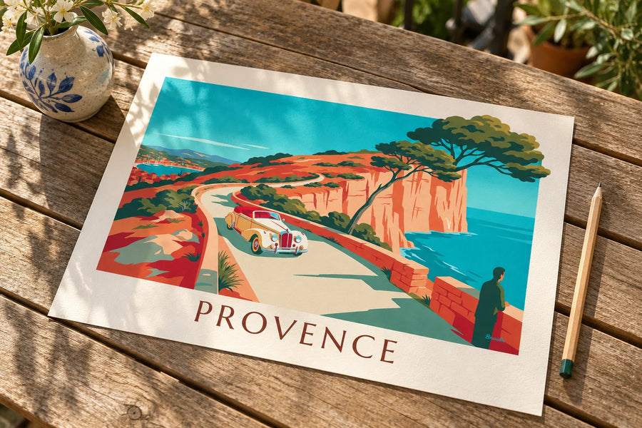 Affiche cabriolet sur la route des Crêtes au-dessus de Cassis : posée sur une table
