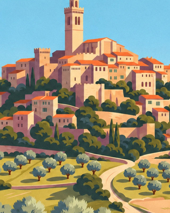 The village bell tower and houses with orange roofs above the olive groves