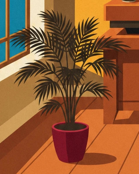 Le palmier en pot pourpre près de la fenêtre, sur le parquet orangé