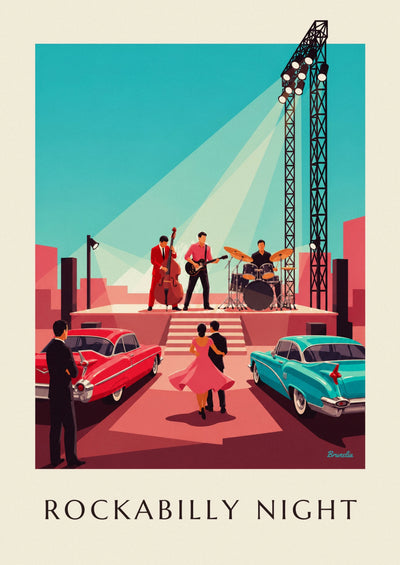 Poster Rockabilly-Trio beim Konzert und Autos mit Heckflossen: das ganze Poster