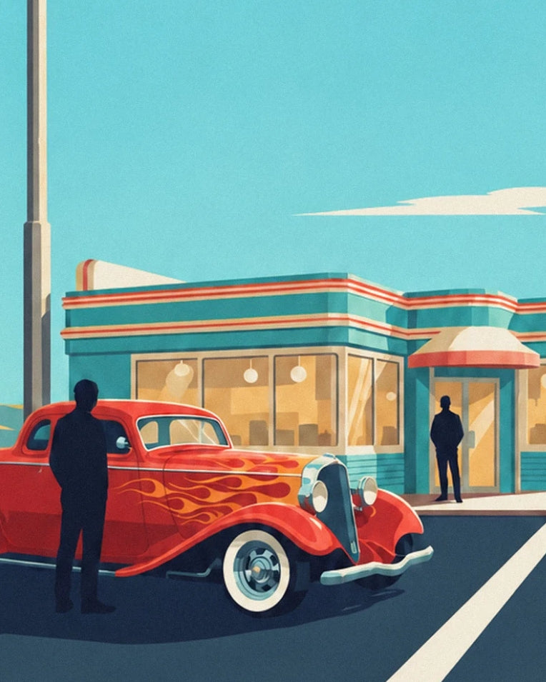 Hot rod outside a rock and roll diner poster: close-up detail