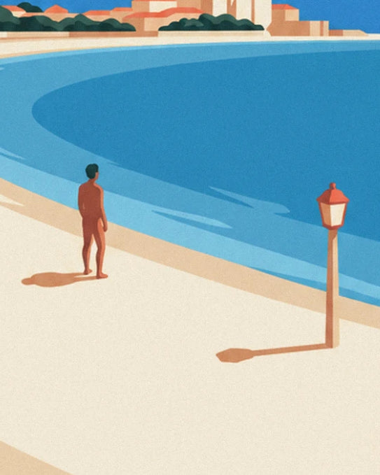 A bather standing on the sand beside a red street lamp, facing the bay's turquoise water