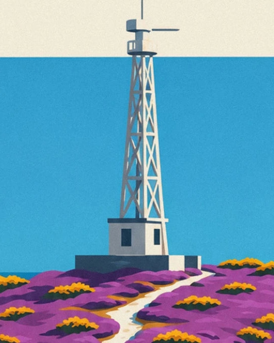 The metal tower facing the blue sea above the purple heathland