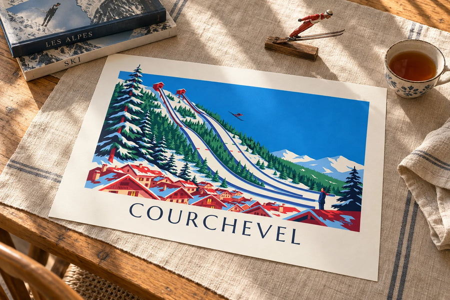 Affiche tremplins de saut à ski de Courchevel au Praz : posée sur une table