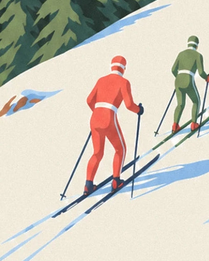 Le moniteur en tenue rouge et un élève en vert, skis et bâtons sur la neige