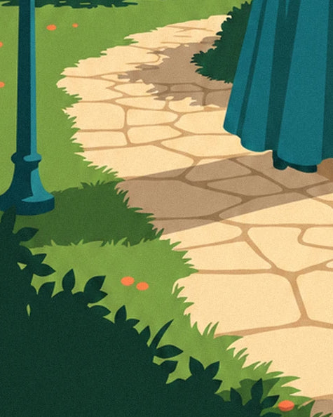 The beige flagstone path winding through the grass, with a street lamp and the hem of a turquoise dress