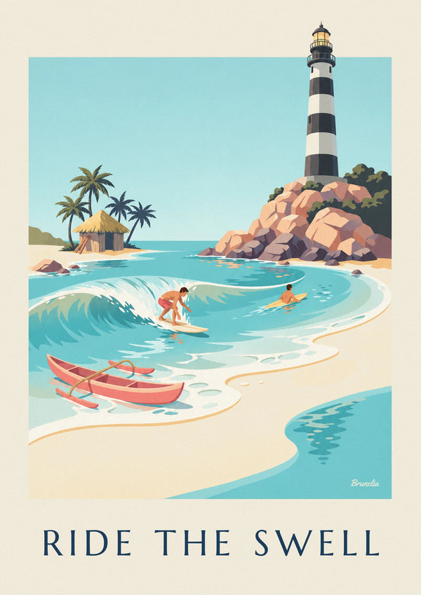 Affiche surfeur sur une vague turquoise et crique tropicale
