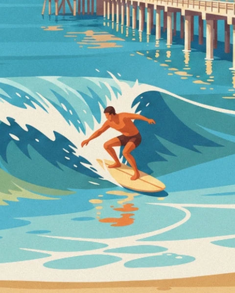 The surfer on his yellow board in a turquoise wave near the pier