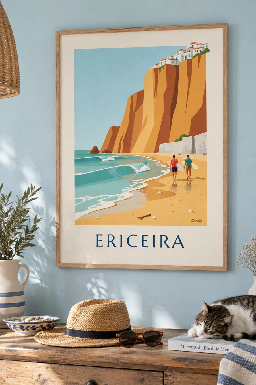 Poster of surfers at the foot of the Ericeira cliffs: framed on the wall