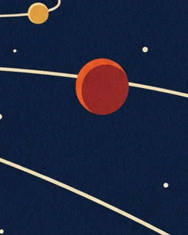 A red planet edged in orange between cream orbits and stars