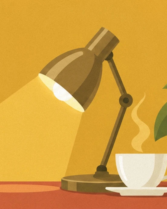 The adjustable golden lamp and steaming white cup on the desk