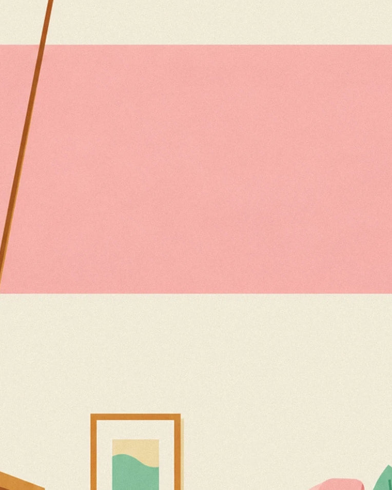 Wooden tube TV in a pastel living room poster: close-up detail