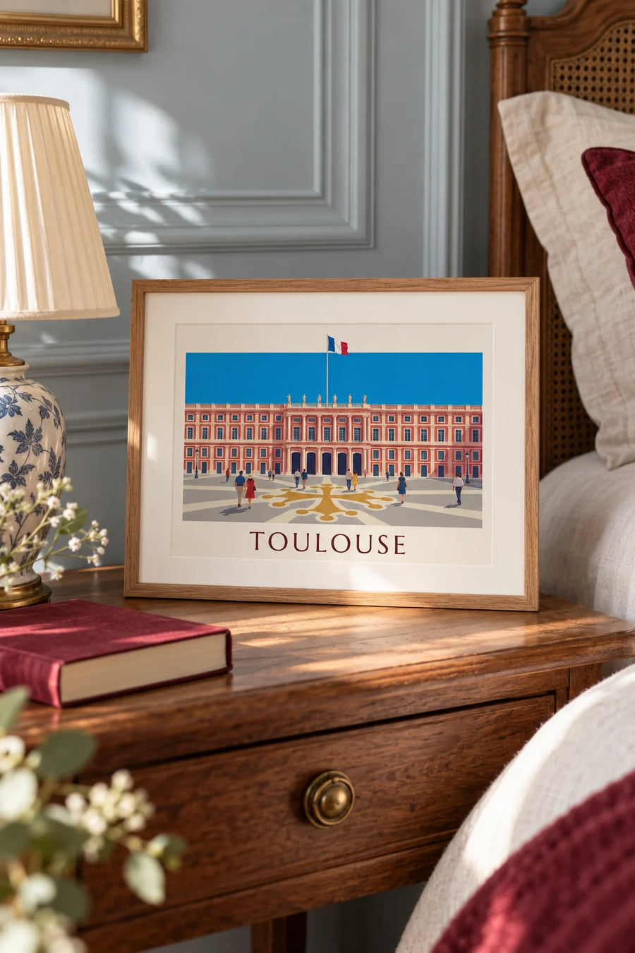 Affiche place du Capitole à Toulouse sous un ciel bleu : petit format A4 encadré