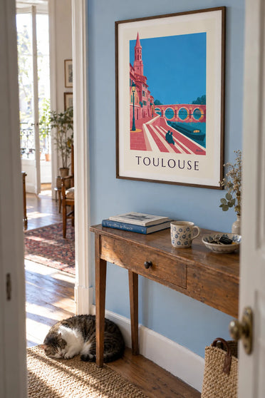 Poster Pont-Neuf en Quai de la Daurade in Toulouse bij schemering: ingelijst aan de muur