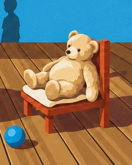 A teddy bear on a wooden chair near a blue ball