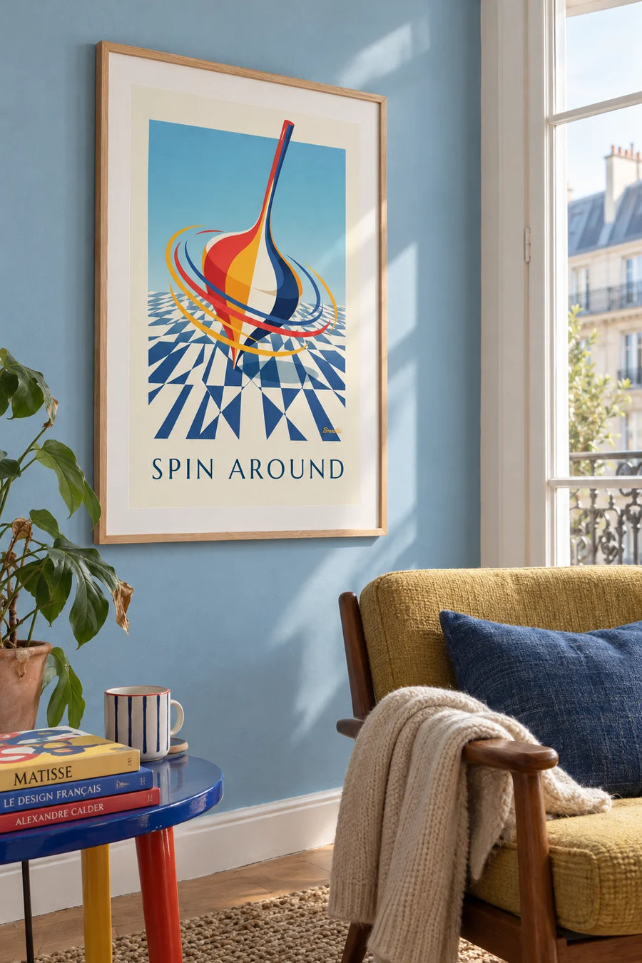 Poster of a colorful spinning top in motion on a geometric background: framed on the wall