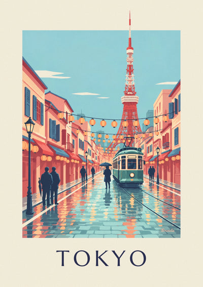 Poster alte Straßenbahn von Tokio und Tokyo Tower in der Abenddämmerung: das ganze Poster