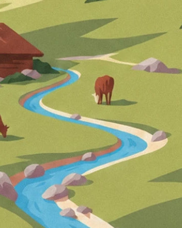 Der blaue Bach, der sich zwischen den Felsen und den Weiden der Kühe hindurchschlängelt