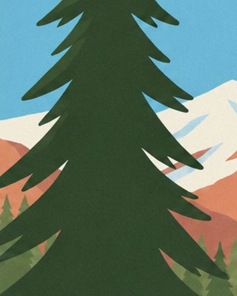 Eine hohe dunkelgrüne Tanne vor den verschneiten Hängen der Alpen