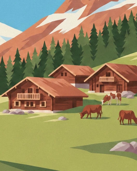 Die Holzchalets und grasende Kühe am Fuß der schneebedeckten Alpen