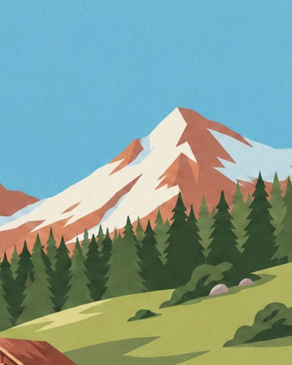 Der schneebedeckte Alpengipfel über den Tannen und den sanften grünen Wiesen