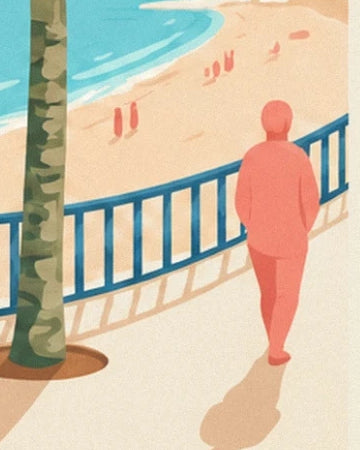 Un personnage de dos en tenue corail sur la promenade, près d’un palmier
