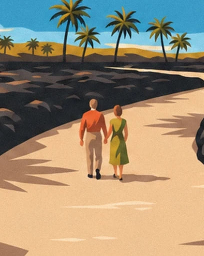 Un couple main dans la main sur la route de sable, entre roches noires et palmiers