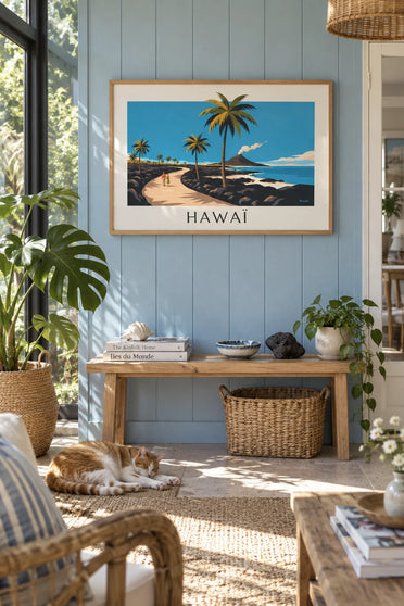 Poster mit Straße auf Hawaii zwischen Palmen und Vulkan: gerahmt an der Wand