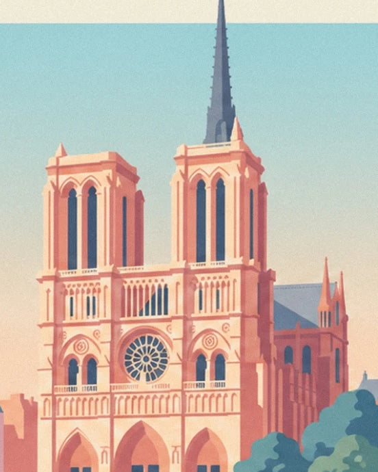 The pink towers of Notre-Dame, its rose window and spire against the blue sky